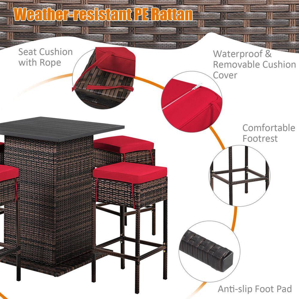 Red Cushioned 5-Piece Brown Wicker Outdoor Bar Set with Storage