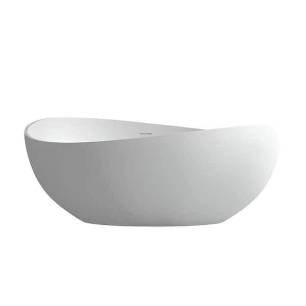 JimsMaison 63 in. x 37.4 in. Stone Resin Freestanding Double Slipper Flatbottom Soaking Bathtub in Matte White