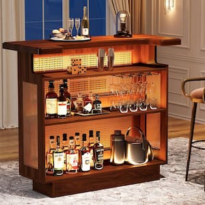Nederland 47.2 in. Rattan Home Bar Unit, Farmhouse 4-Tier Bar Table with 4 Wine Glasses Holder, Caramel Brown
