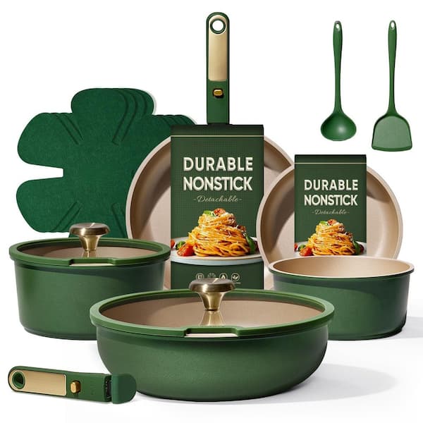 15-Piece Aluminum Nonstick Cookware Set in Green, Kitchen Cooking Set with Detachable Handle, Non Toxic Induction
