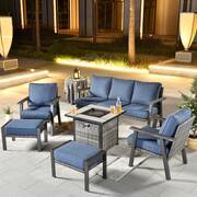 Walden Grey 6-Piece Wicker Steel Outdoor Patio Conversation Sofa Set with a Fire Pit and Denim Blue Cushions