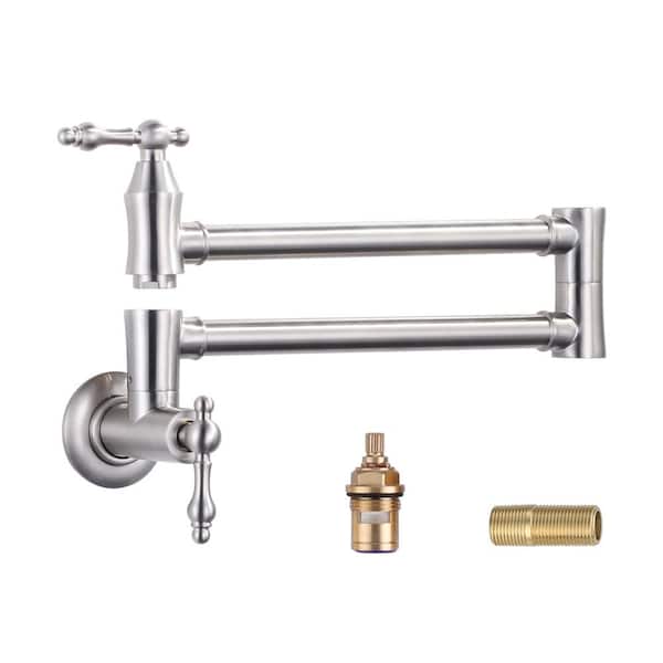 WOWOW Brass Wall Mounted Pot Filler Faucet with Double Joint Swing Arms, Commercial Kitchen Pot Faucet in Brushed Nickel