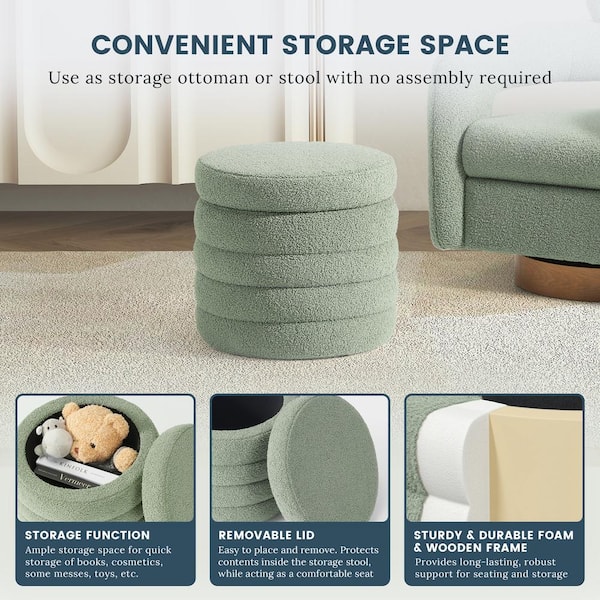 Bayville Modern 16" Tall Sherpa Fabric Tufted Round Storage Ottoman in Ice Green