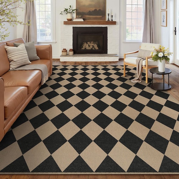 Diamond Grid Linen-look Black/Brown 8 ft. x 10 ft.  Checkered Area Rug