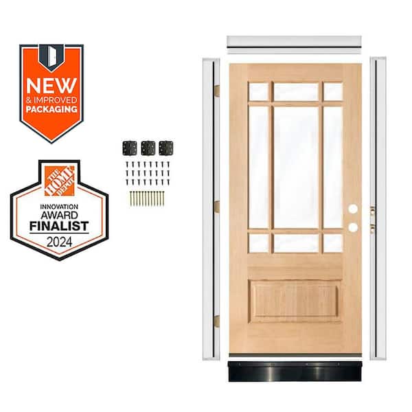 36in.x80in. Prairie Hemlock LH 9Lite Clear Glass Unfinished Wood AssemblyRequired Front Door Kit w/QuickAssembleJamb