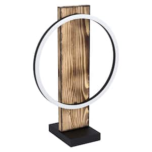 Boyal 16.77 in. Brushed Pine Wood Table Lamp with Structured Black Shade