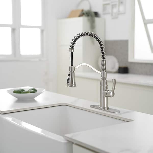 19.01 in. Single Handle Pull-Down Sprayer Kitchen Faucet with with 360° Degree Spout Swivel & High Arc in Brushed Nickel