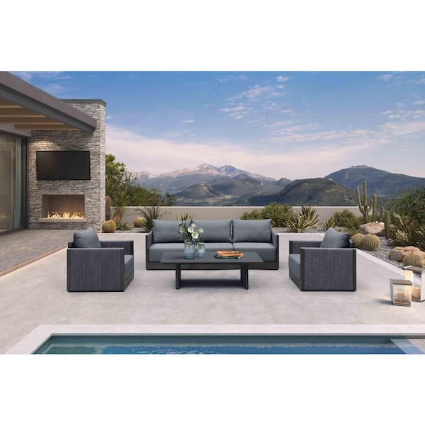 6 Pieces Outdoor Conversation Sets PP Rope Patio Sofa with Cushions and Table Manual Weaving Deep Seating Furniture Gray