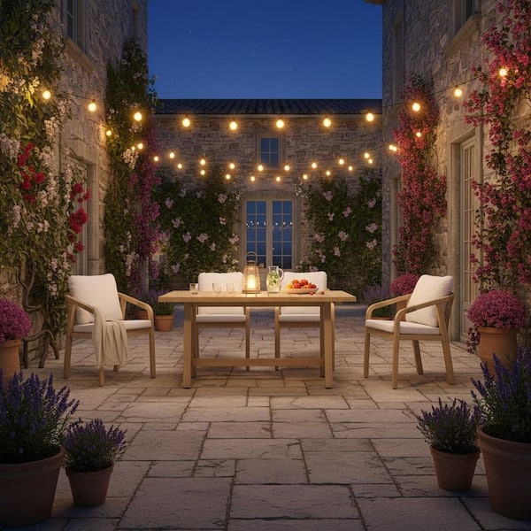 Teamson Home 5-Piece Wood Rectangular Outdoor Dining Set with Beige Neutral Cushions