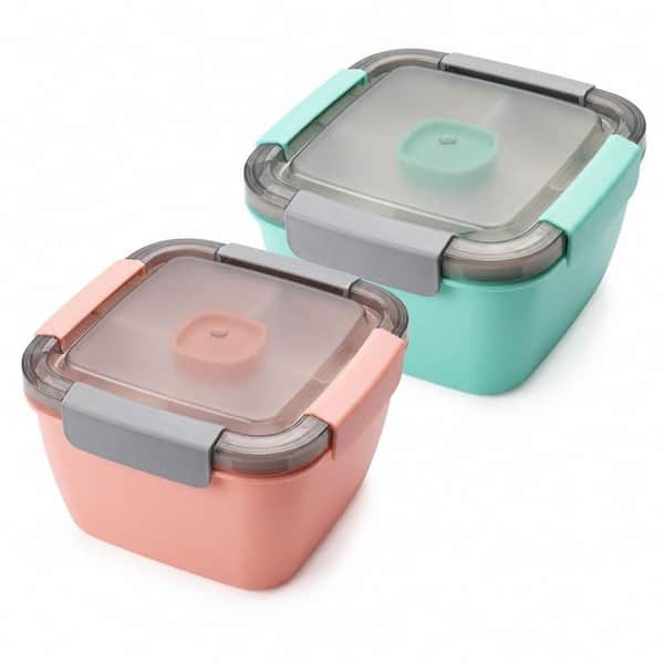 52 fl. oz. Pink and Green Plastic 3 Compartment Portable Salad Lunch To Go Bowl for Outdoor Picnic Daily Meal (Set of 2)