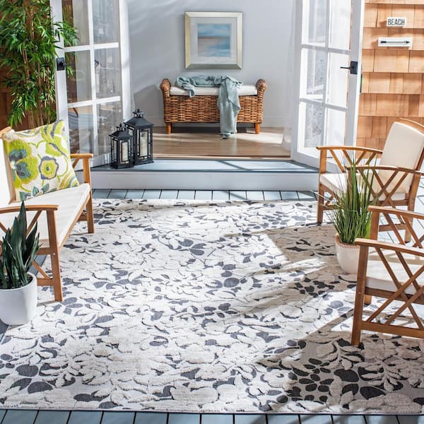 Cabana Ivory/Charcoal 7 ft. x 7 ft. Floral Striped Indoor/Outdoor Patio  Square Area Rug
