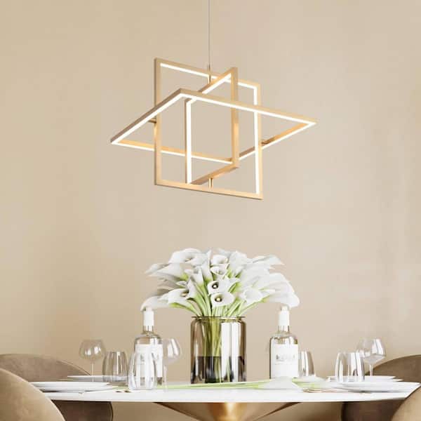 Swane 46-Watt 3-Light Integrated LED Brushed Gold Island Chandelier, Square Hanging Pendant Light, Modern Light Fixture