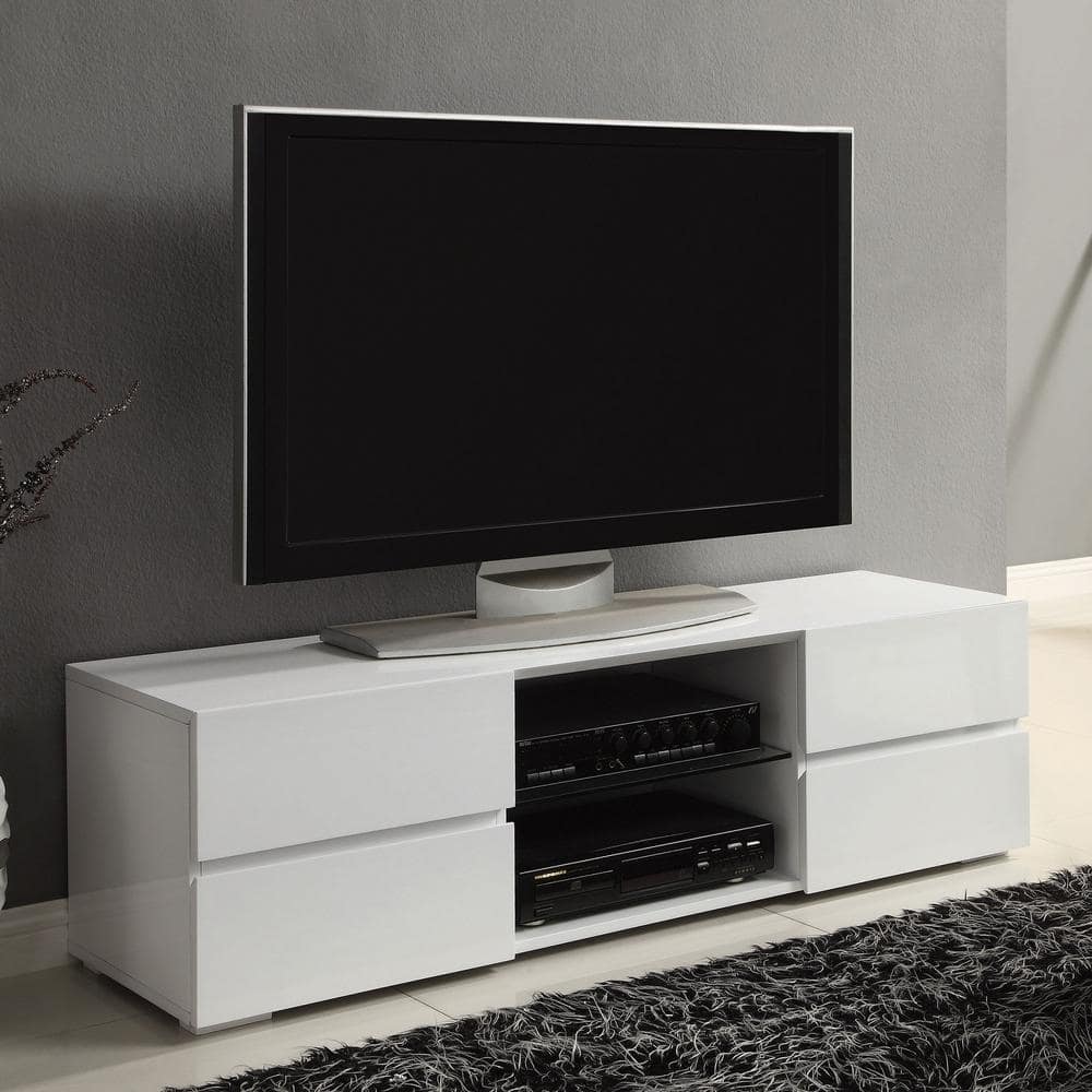Luxe High-Gloss White 55" TV Console with Glass Shelf and Storage
