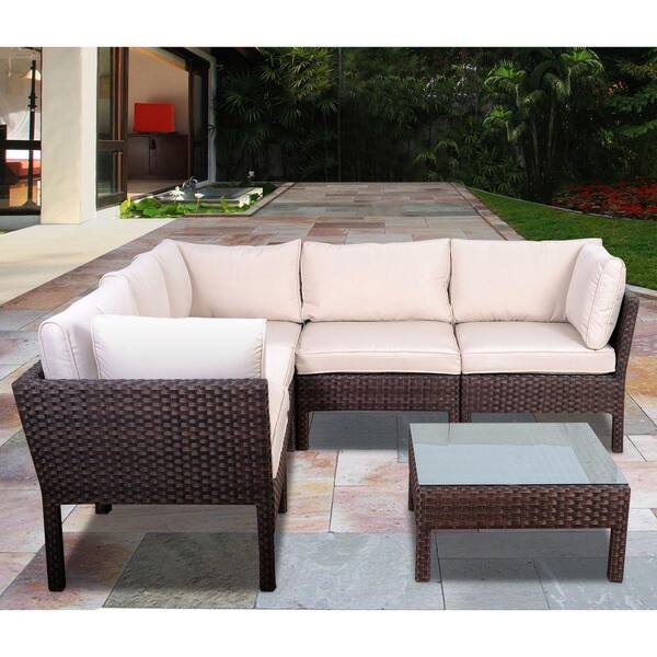 Atlantic Contemporary Lifestyle Infinity Dark Brown 6-Piece All-Weather Wicker Patio Seating Set with White Cushions