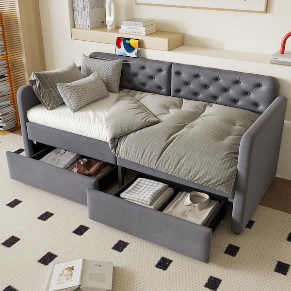 Lane Grey Velvet Upholstered Twin Size Daybed with 2 Storage Drawers, USB Charging, Tufted Back