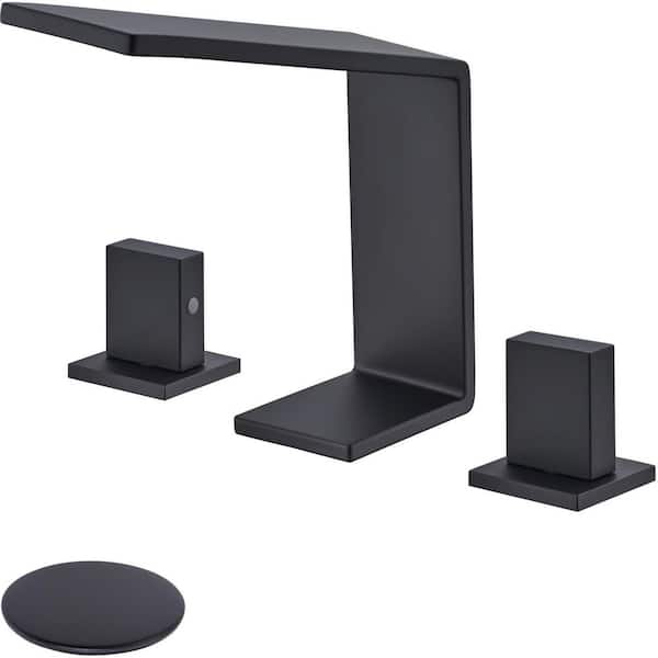 8 in. Widespread Double Handle Waterfall Bathroom Faucet with Drain Kit Included in Matte Black (1-Pack)