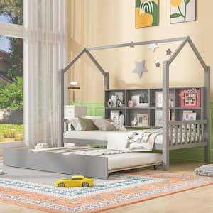 Gray Twin Size Wooden House Bed with Trundle and Storage Shelf