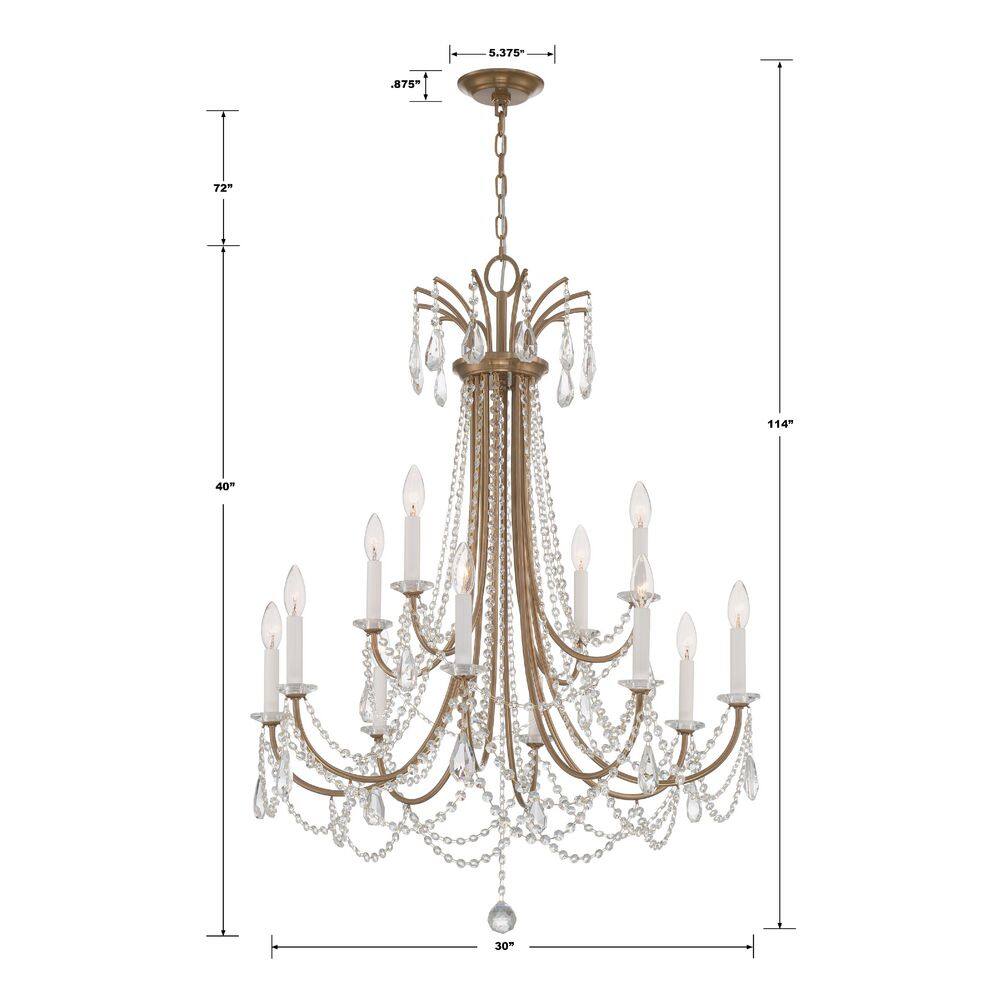 Aged Brass 12-Light Chandelier with Hand Cut Crystal