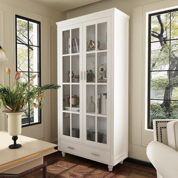 70.9 in. H White Wood Storage Cabinet Lockers With Tempered Glass Doors, Drawer