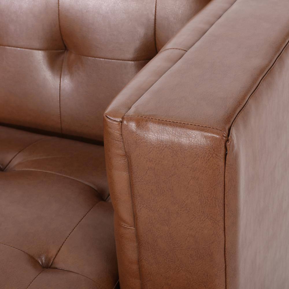 Cognac Brown Faux Leather Tufted Lawson Sofa with Wood Frame