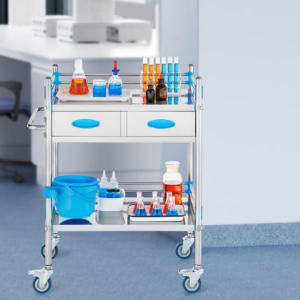 Service Cart, 2 Layers Stainless Steel Utility Rolling Cart, Medical Cart with 2-Drawers, Dental Utility Cart
