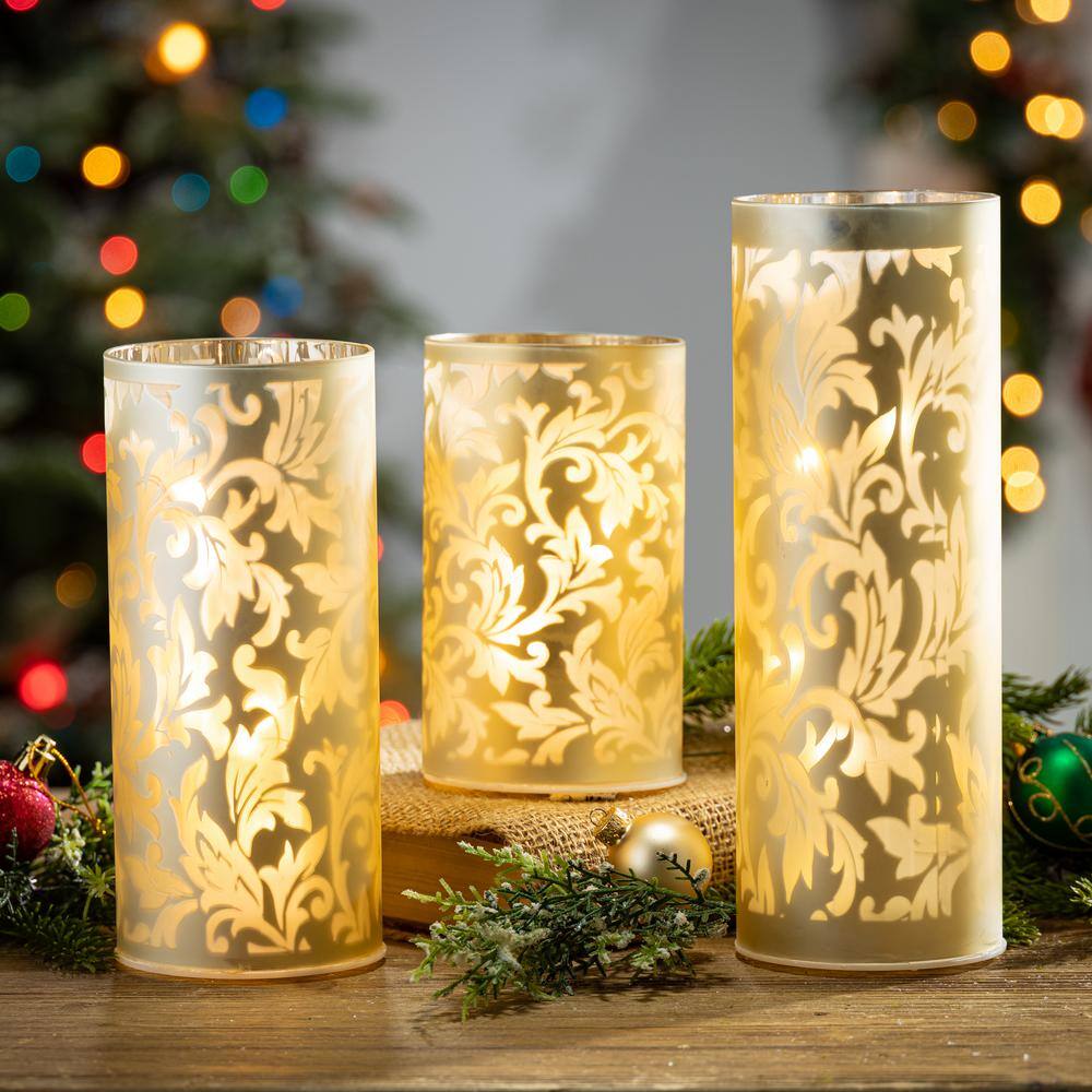 Champagne Gold Embossed Glass Luminary Set with String Lights