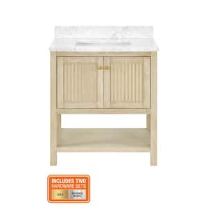 Arcott 31 in. Single Sink Fluted Natural Wood Bath Vanity with White Carrara Marble Top (Assembled)