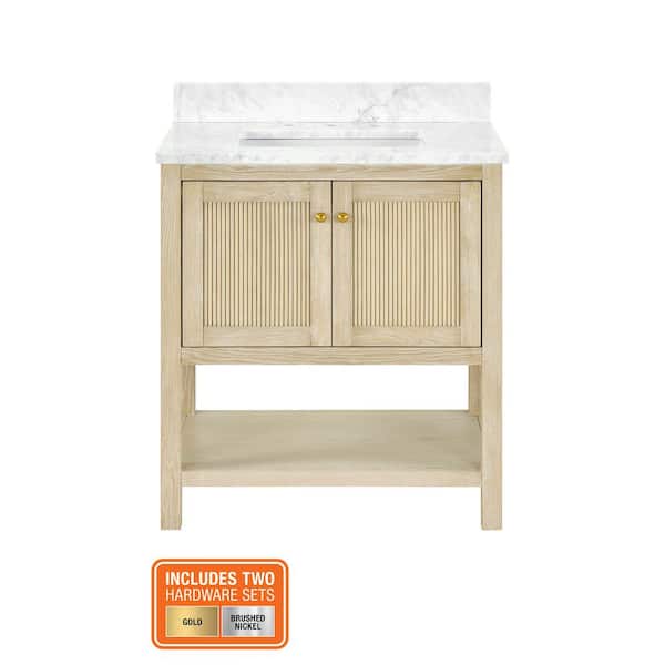 Arcott 31 in. Single Sink Fluted Natural Wood Bath Vanity with White Carrara Marble Top (Assembled)