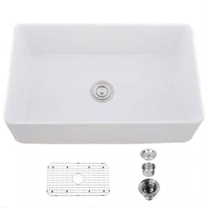 YSNSINKSA White Fireclay 33 in. Single Bowl Farmhouse Apron Kitchen Sink with Bottom Grid and Strainer