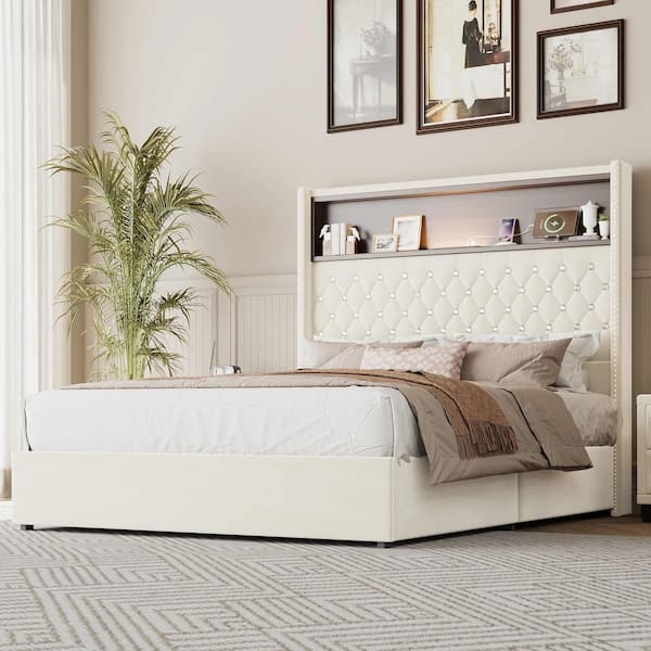 Beige MDF Frame Full Platform Bed with USB Port, Night Light and Headboard Shelf