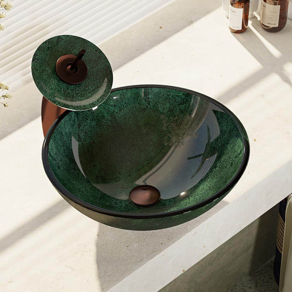 Rene Glass Vessel Sink In Woodland Green And Black With Waterfall Faucet And Pop Up Drain In Oil Rubbed Bronze R5 5027 Wf Orb The Home Depot