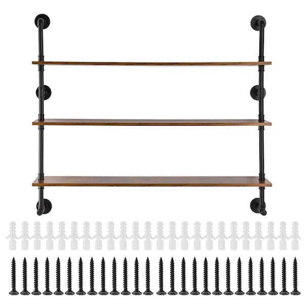 10.04 in. W x 48.43 in. D Black Wood Solid Decorative Wall Shelf, Industrial Pipe Shelf, Wall-Mount Rustic Wood Shelves