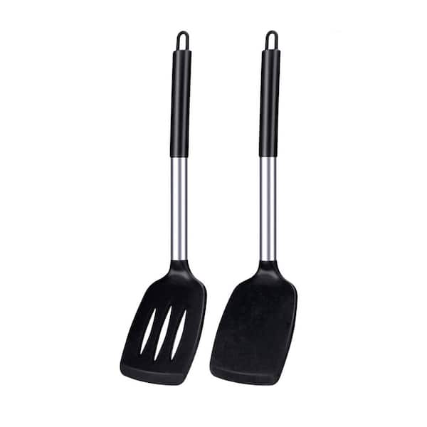 Black Silicone Slotted Turner Non Stick High Heat Resistant Cooking Utensil Set for Fish Eggs Pancakes 2 Pack