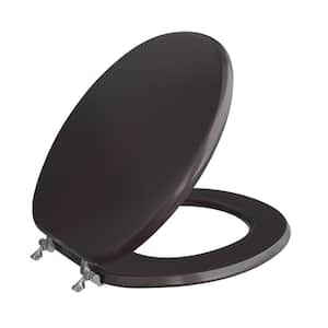Designer Wood Round Closed Front Toilet Seat with Cover and Chrome Hinge in Piano Dark Brown Finish