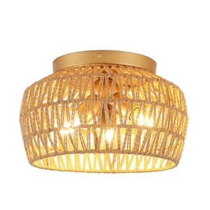 12.59 in. 3-Light Gold Rattan Semi Flush Mount Chandelier for Hallway Entryway Dining Room and No Bulbs Included