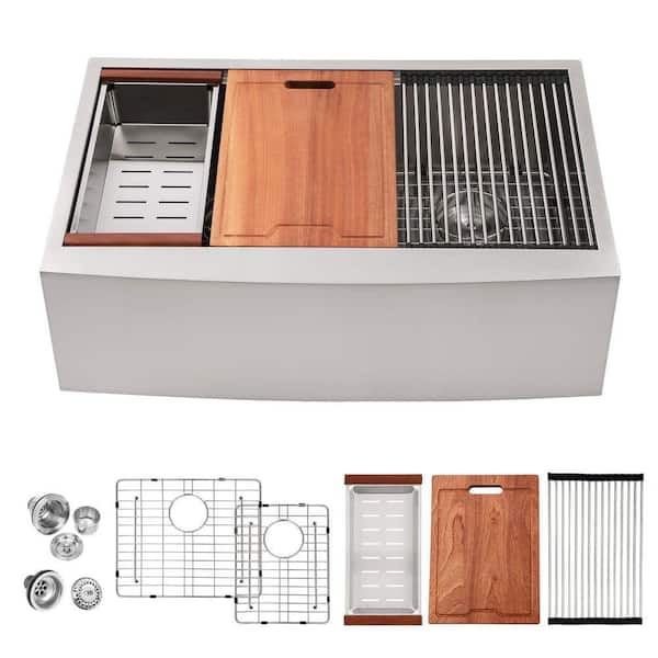 16-Gauge Stainless Steel 33 in. Double Bowl 60/40 Farmhouse Apron-Front Workstation Kitchen Sink with Low Divide