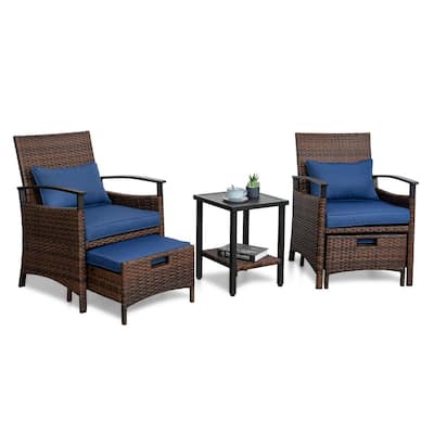 Beauty Black 5-Piece Wicker Square Patio Furniture Set Outdoor Bistro Set with Blue Removable Cushions