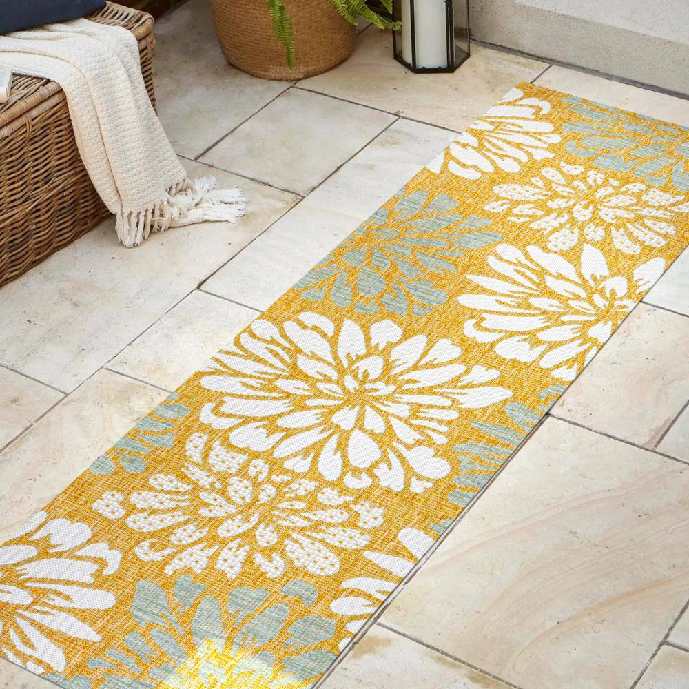 Zinnia Modern Floral Textured Weave Indoor/Outdoor Yellow/Cream 2 ft. x 8 ft. Runner Rug