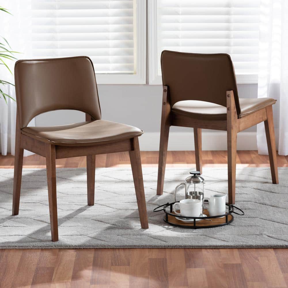 Brown Faux Leather Upholstered Wood Arm Chair with Cane Back
