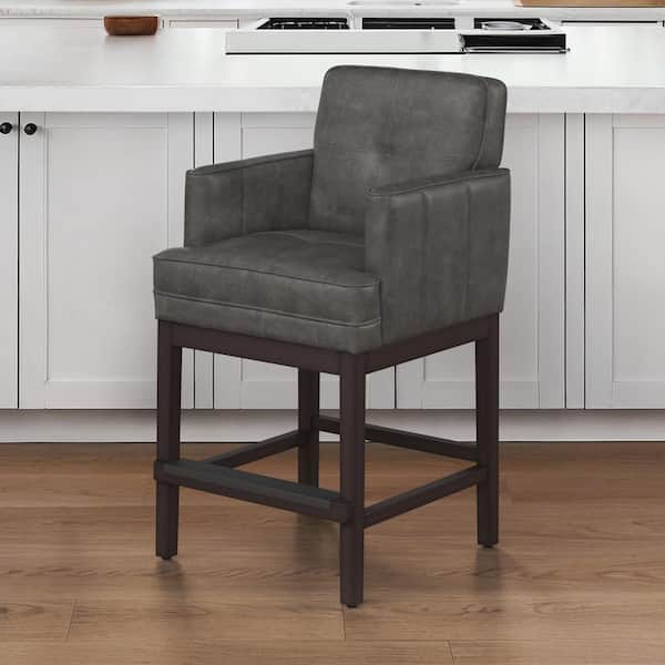 LUE BONA Cavino 27 in. Black Gray Faux Leather Upholstered Counter Height Bar Stool Armrests and Wood Frame Counter Stool