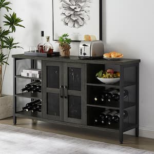 Brown Rustic Wood Wine Bar Cabinet for Liquor and Glasses with Double Sideboard and Buffet Cabinet