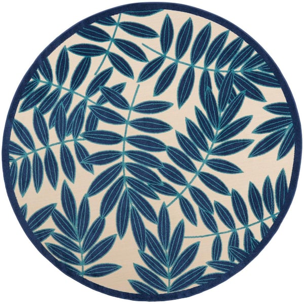 Nourison Aloha Navy 8 ft. x 8 ft. Round Floral Contemporary Indoor/Outdoor Patio Area Rug
