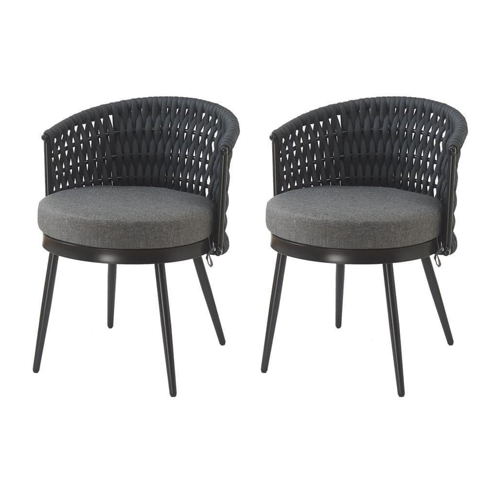 2-Piece Black Metal and Rope Outdoor Dining Chairs, Weather-Resistant Patio Furniture Chairs with Dark Gray Cushions price history on PriceWatchPro