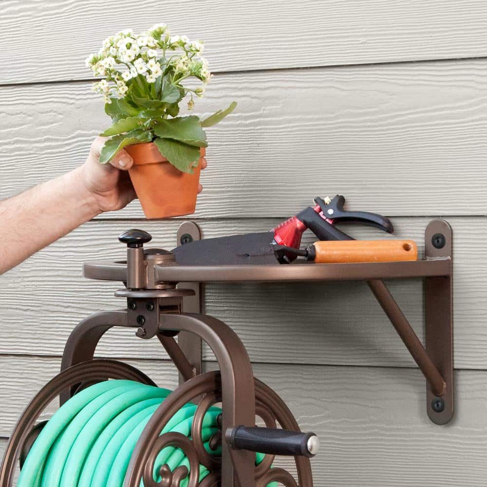 Brown Steel Wall Mount Rotating Hose Reel with Storage Tray
