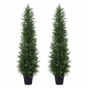 5 ft. Artificial UV Resistant Cedar Topiary Trees for Outdoor, Faux Cypress Plant with Solar Light String (Set of 2)