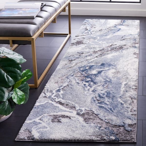 Cyrus Shag 2 ft. x 13 ft. Ivory/Blue Marble Abstract Runner Rug