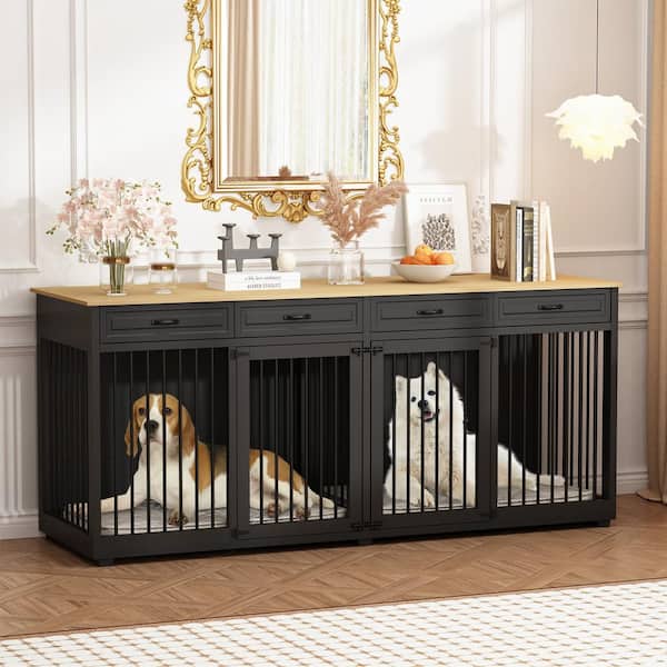 FUFU&GAGA Black Large Dog Crate Furniture Wooden Dog Crate Kennel with 4-Drawers and Divider Dog Crates for 2 Large Dogs, 86.6 in.