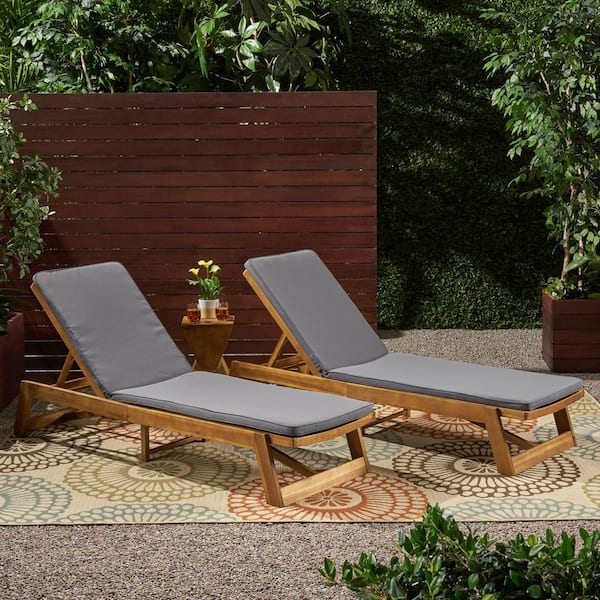 Noble House Maki Teak Brown 2-Piece Wood Outdoor Patio Chaise Lounge with Grey Cushions