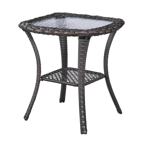 Pocassy Gray Square Wicker Outdoor Glass Side Table