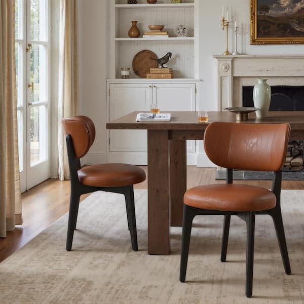 AERO Brown Faux Leather Dining Side Chair with Wood Legs Set of 2